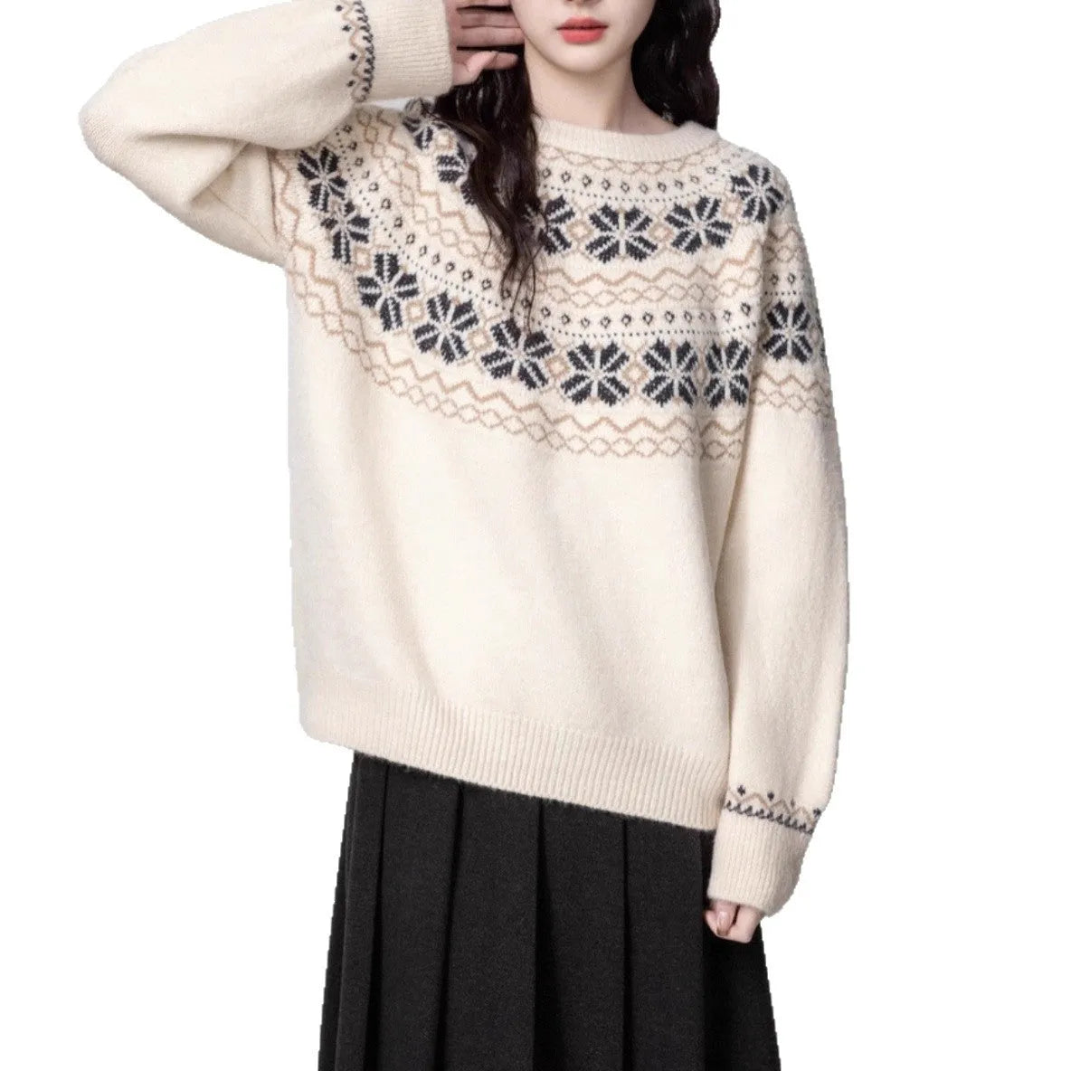 Women's Milky White vintage Fair Isle geometric pattern knit pullover sweater with loose fit.