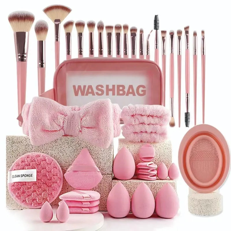 Beauty tool combination set with hydrophilic non-latex material in brown, pink, and purple colours