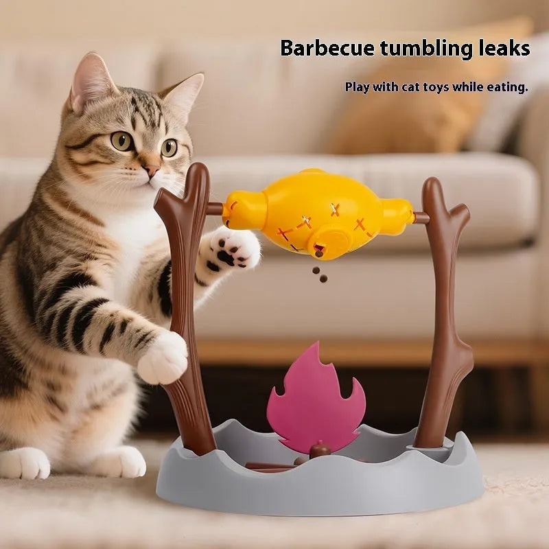 Barbecue-style tumbling cat feeder toy with leakage food compartments measuring 30cm cube