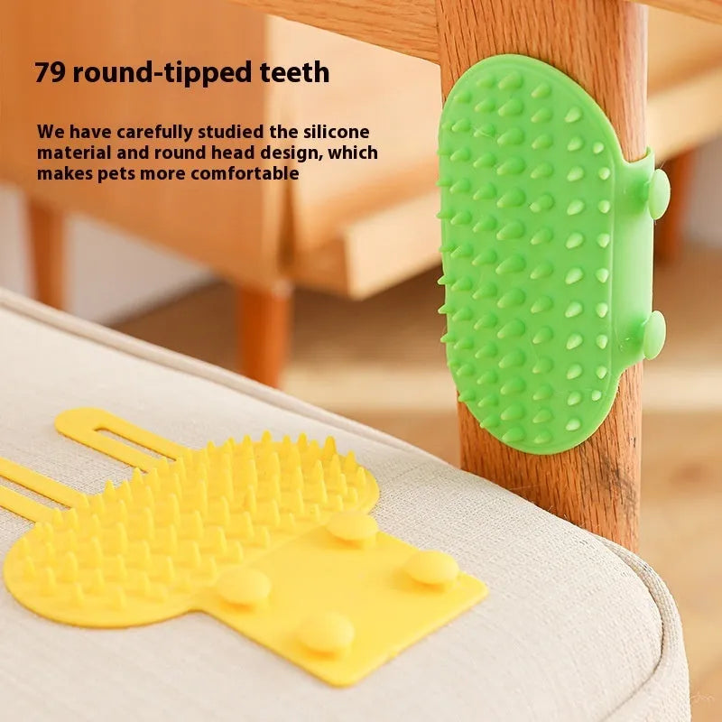 Silicone cat grooming comb scratcher with adjustable strap mounted on a table leg