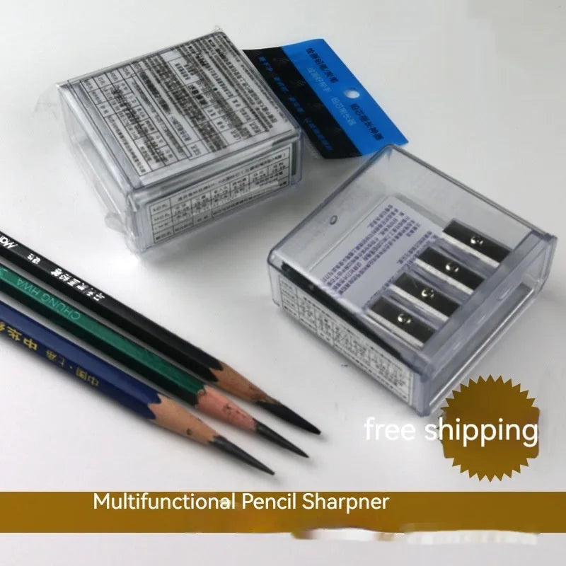 Geometric plastic pencil sharpener with four holes and maintenance screwdriver for art sketching