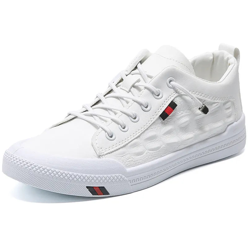 White men's casual sneakers with round toe and lace-up closure on rubber sole