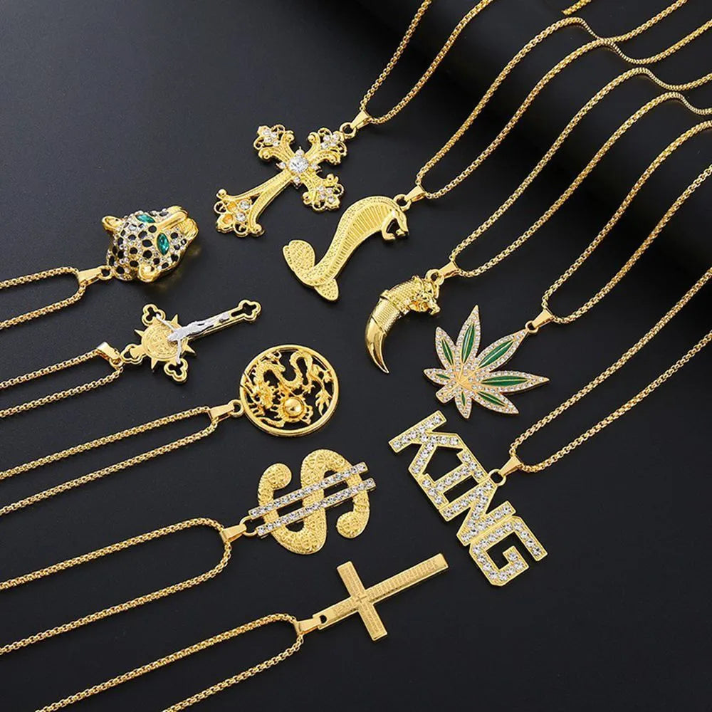 Gold colour geometric pendant necklace with inlaid zircon stones for women