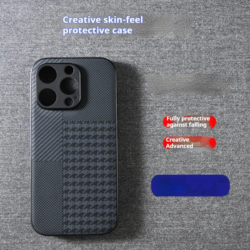 Black imitation leather iPhone case with shockproof and fingerprint-proof features, available in four pattern designs.
