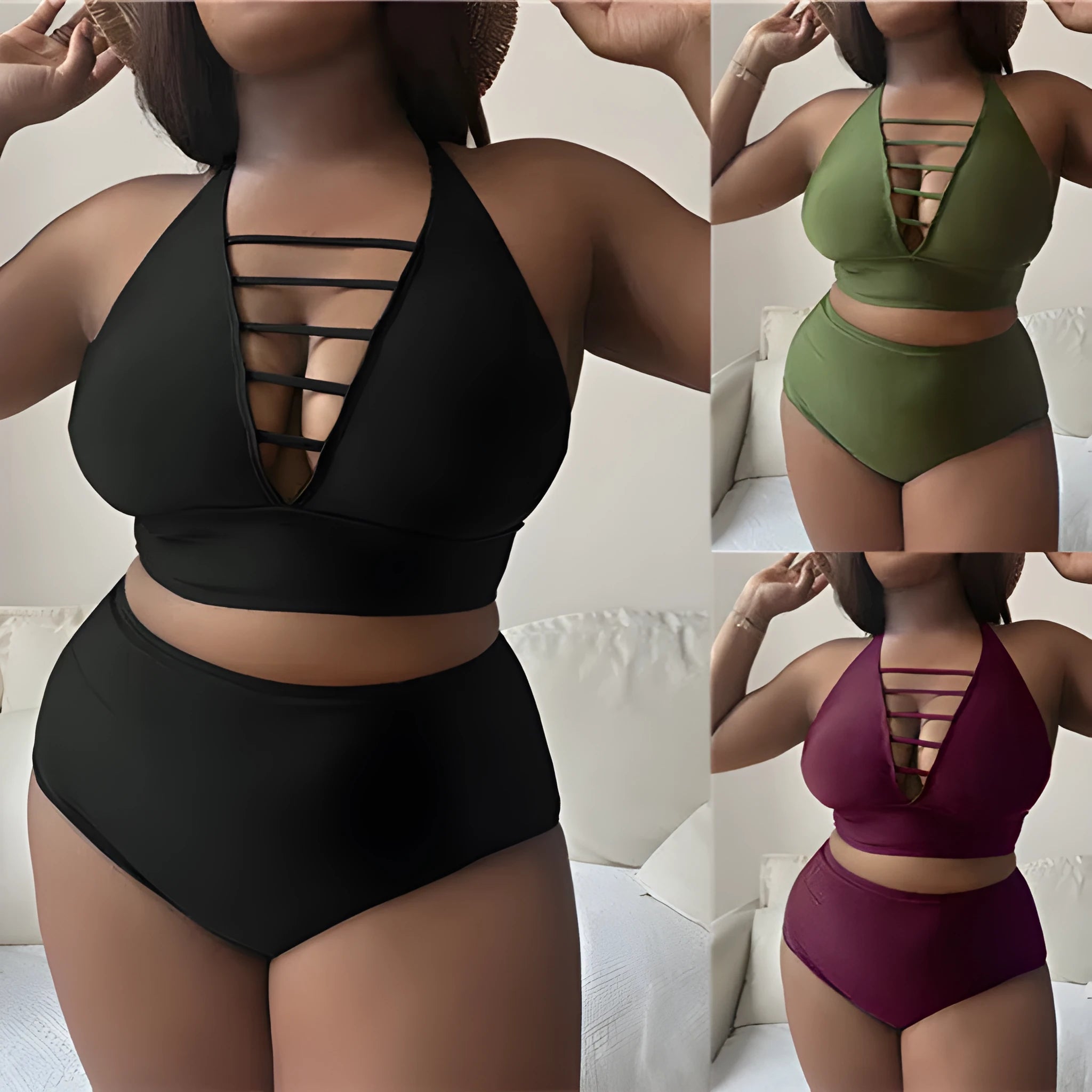 Plus-size woman in a black halter bikini with adjustable cross straps and high-waist briefs.