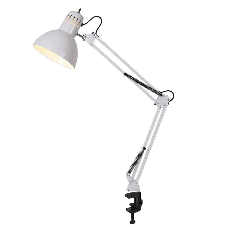Cantilever LED desk lamp with extra-long iron metal arm, eye protection design, shown in black, white or silver