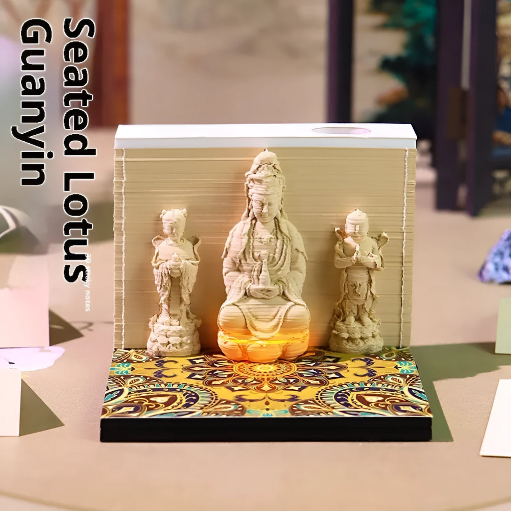 3D paper carving calendar with Guanyin Bodhisattva, Wealth Boy, Seated Lotus design, 2026 English calendar, light version, retro style, notepad