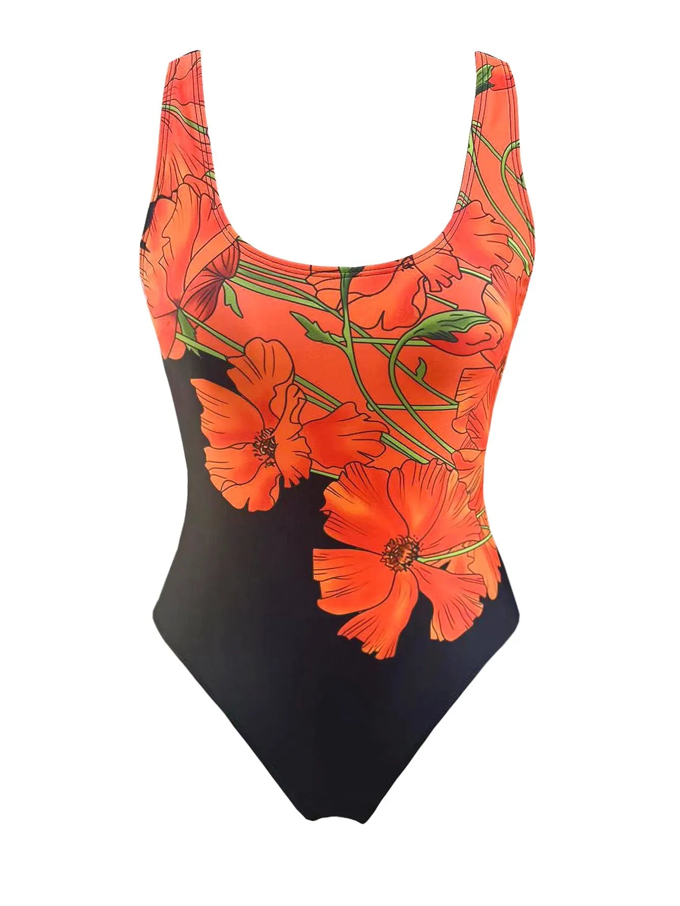 Orange floral printed women's backless one-piece swimsuit with slim fit design