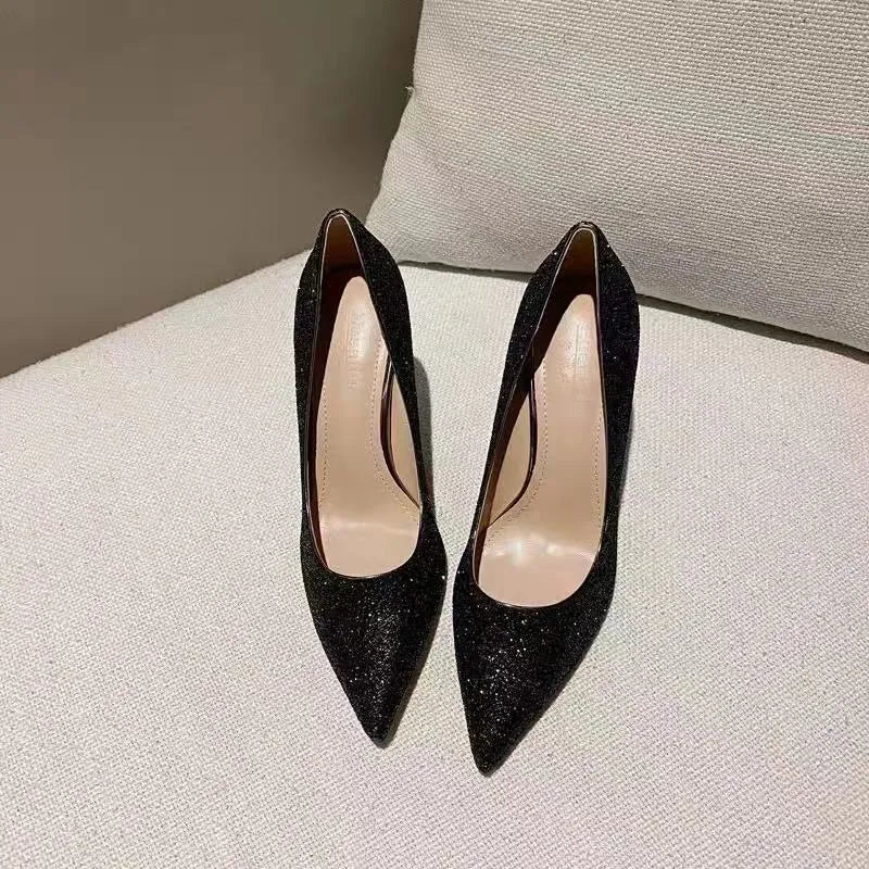 Women's crystal bridal shoes with PU upper in black or silver with stiletto heels