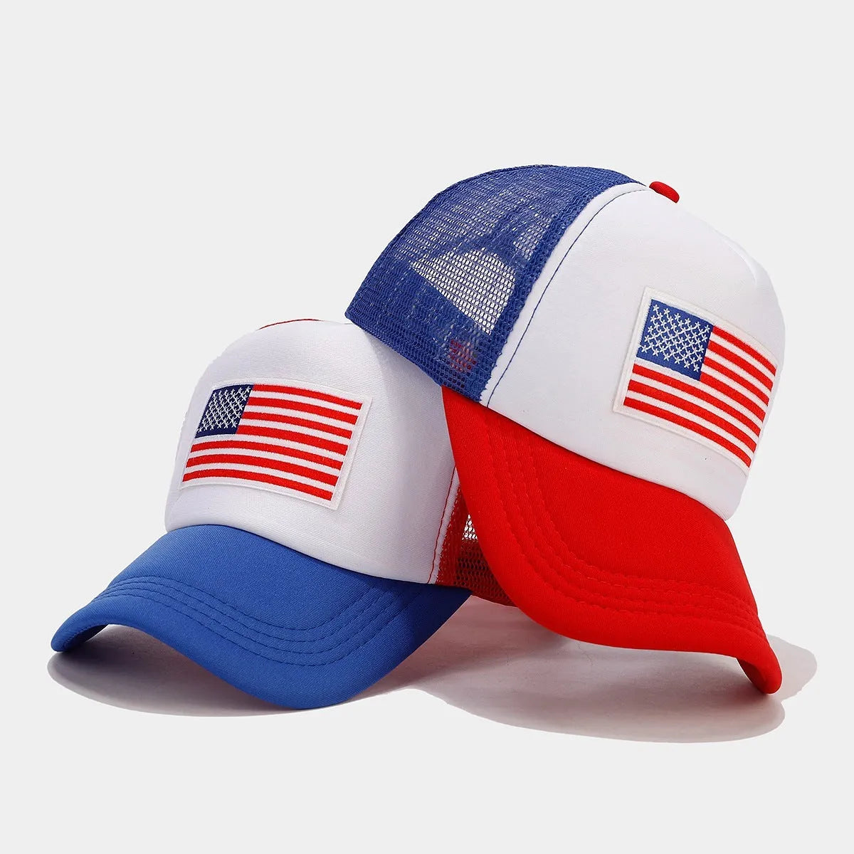 Red and blue mesh cotton baseball cap with dome crown and adjustable size
