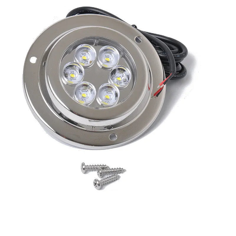 Stainless steel underwater light for yacht, 12V DC, 6 x 3W white LEDs, IP68, 92.8mm diameter.