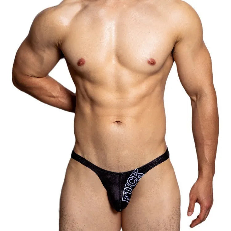 Low waist briefs for couples in white, black, or orange polyester with letter detail and small triangle cut.
