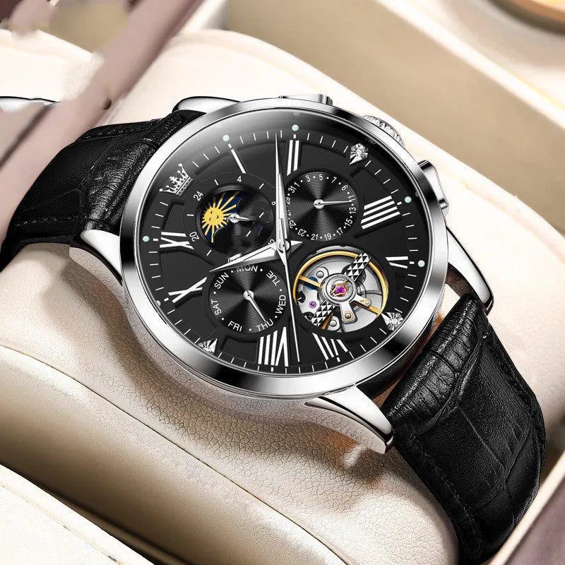 Men's automatic mechanical watch with 40.5mm case, genuine leather strap, stainless steel buckle, brown or black options