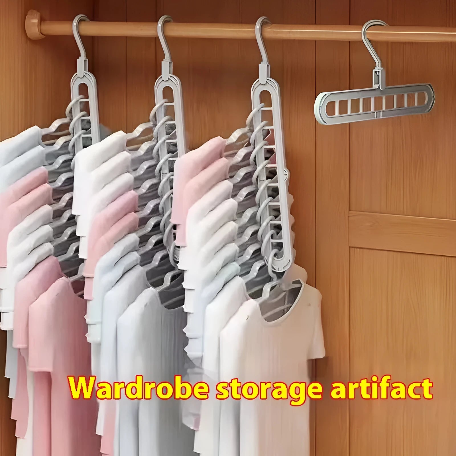 Multifunctional nine-hole plastic hanger for trousers and skirts in five colour options on a white background.