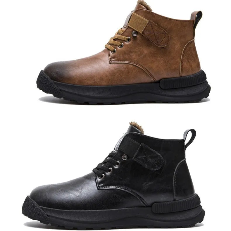 Men's black and brown velvet high-top platform boots with rubber soles on size chart