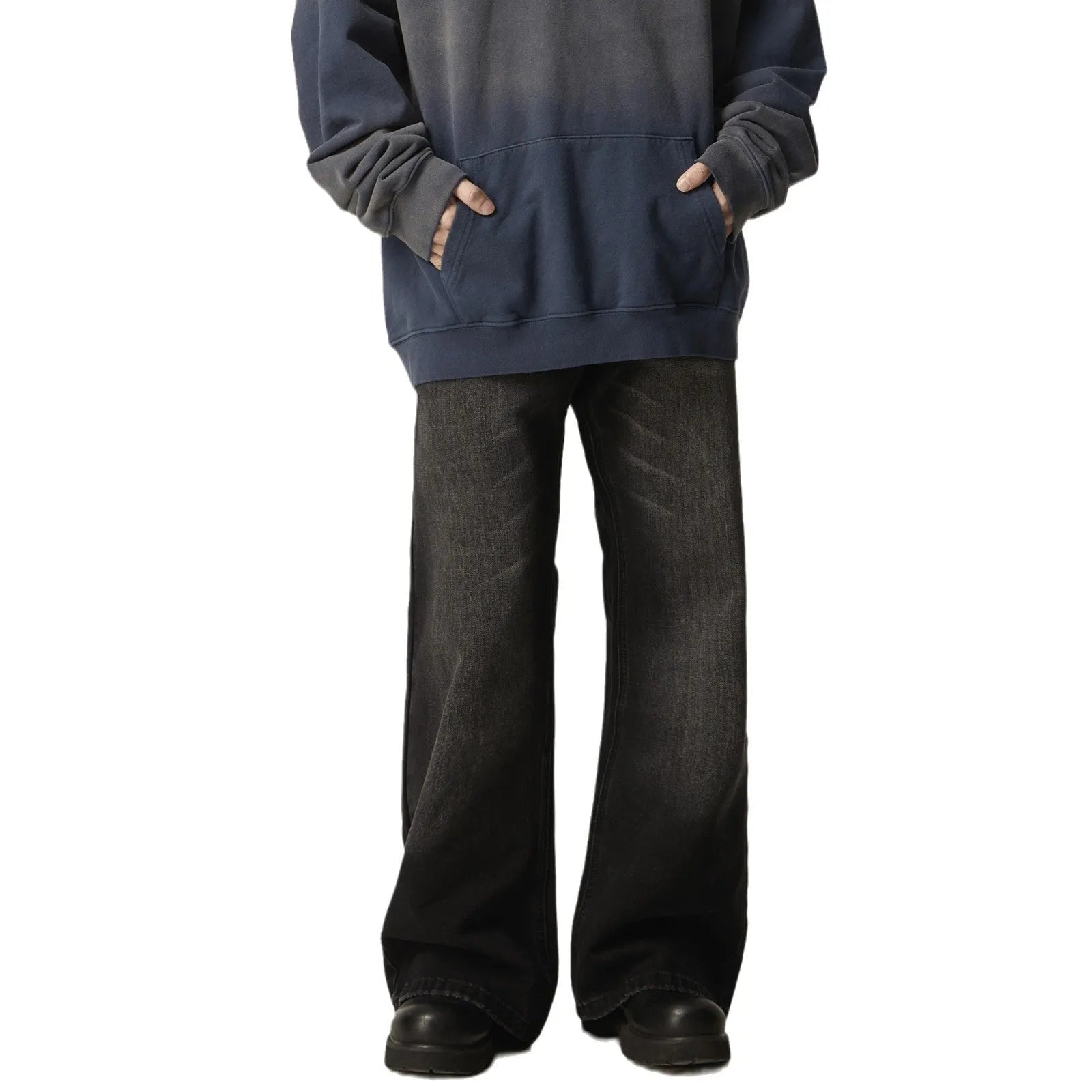 Black loose straight jeans with retro styling and zipper fly on mannequin