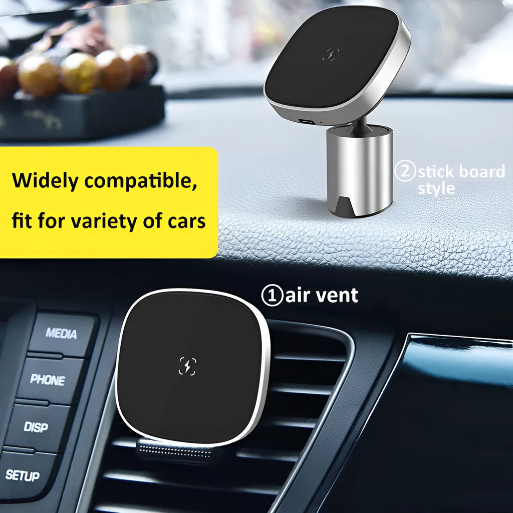 Magnetic wireless car phone holder for iPhone 12 series, Qi charging, Type-C, Grey or Silver, air vent or dashboard mount