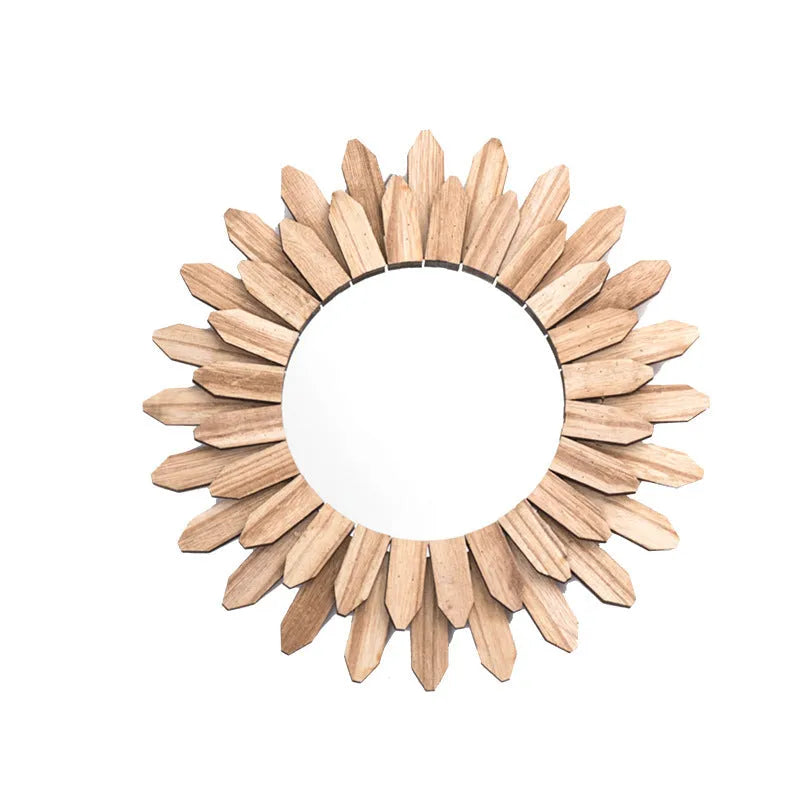 Round solid wood hanging mirror with European-style baked colour finish on a wall.