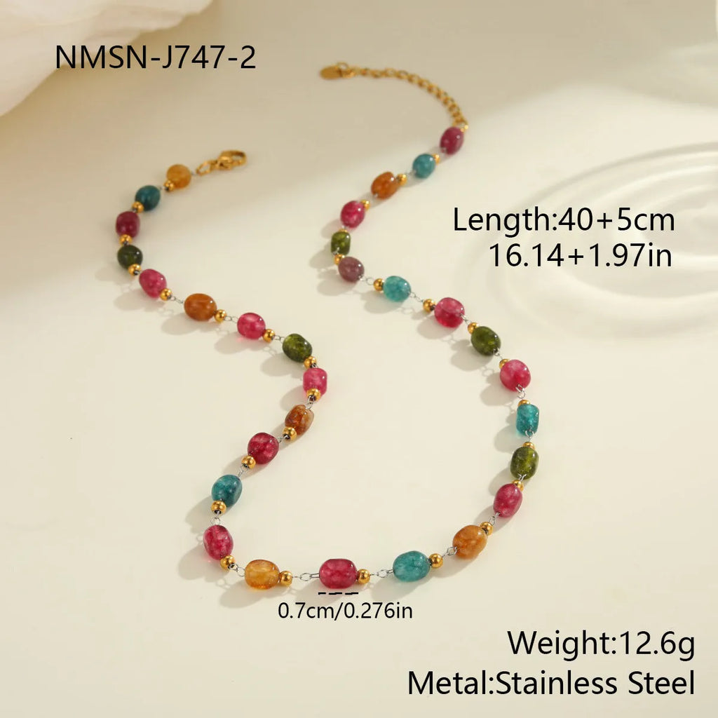 Natural stone beaded necklace for women with geometric pendant, 18K electroplated stainless steel chain, 41-50cm