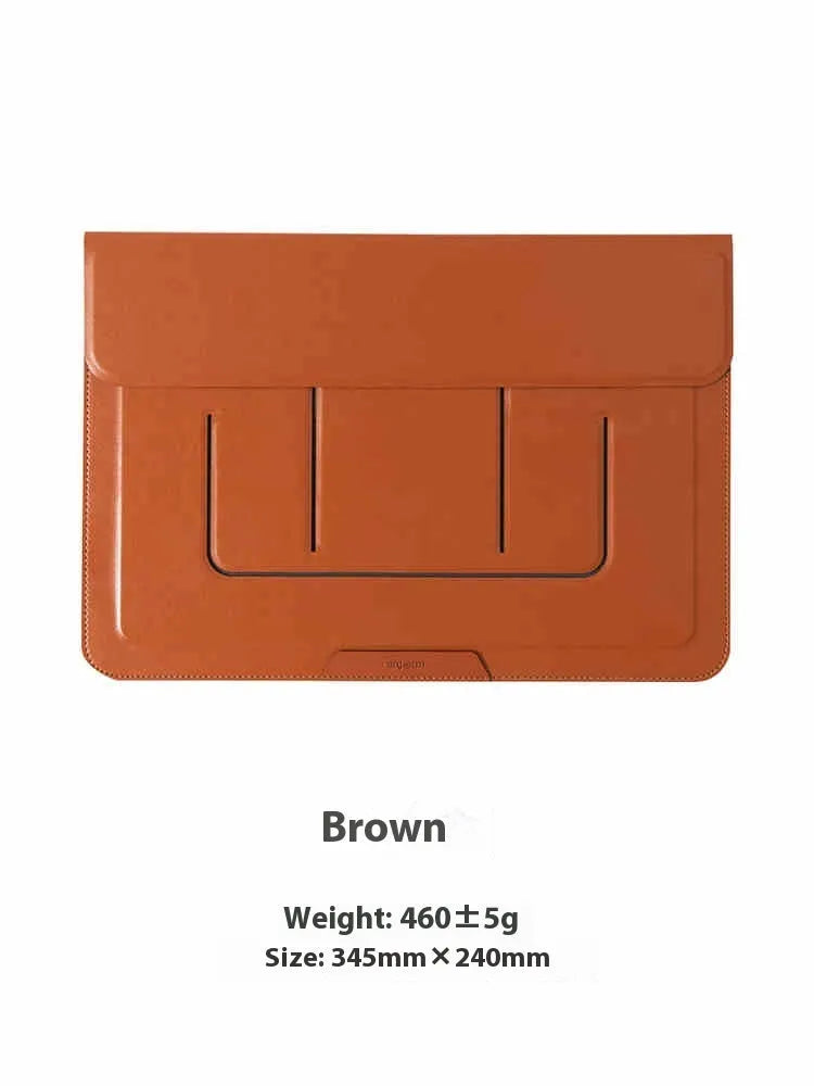 Brown integrated laptop bracket bag showing dual-angle stand position for a 13.3-inch notebook.