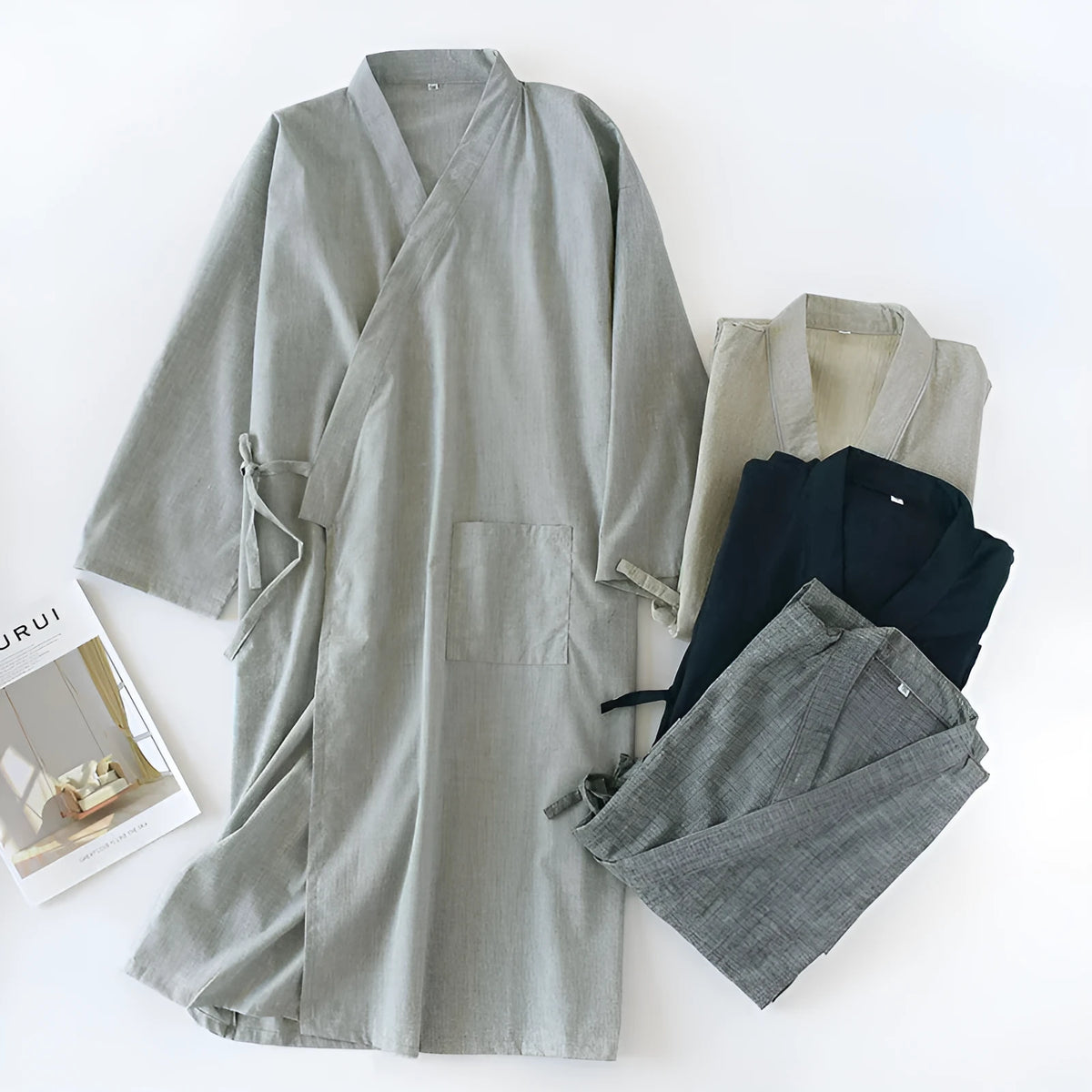 Men's woven cotton mid-length nightgown and home bathrobe in grey or navy blue, sizes M and L