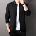 Men's polyester business casual jacket in black, dark grey or apricot with long sleeves and straight hem.