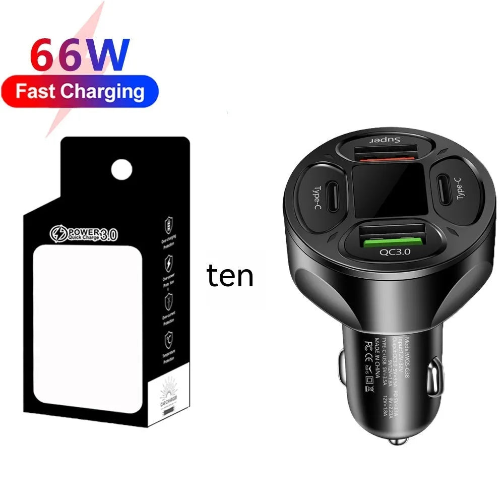66W black digital display car charger with two USB and two Type-C ports showing voltage readout.