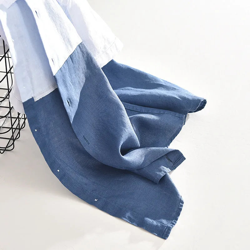 Men's white patchwork linen short sleeve shirt with square collar and loose fit, sizes M to 3XL