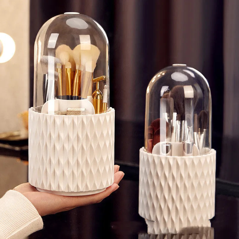 White acrylic rotating makeup brush storage holder with transparent lid and split compartments