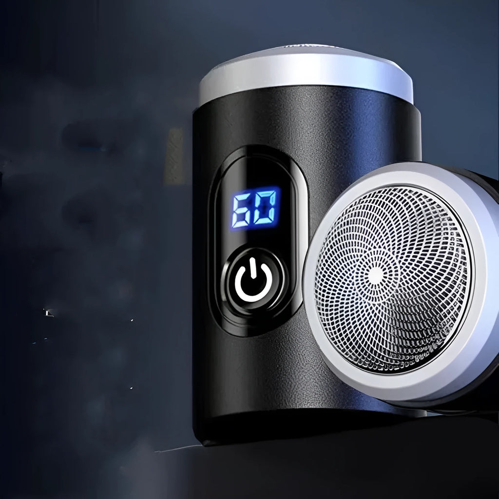 Black portable USB rechargeable electric shaver with LED display, shown with its cleaning brush and protective cover.