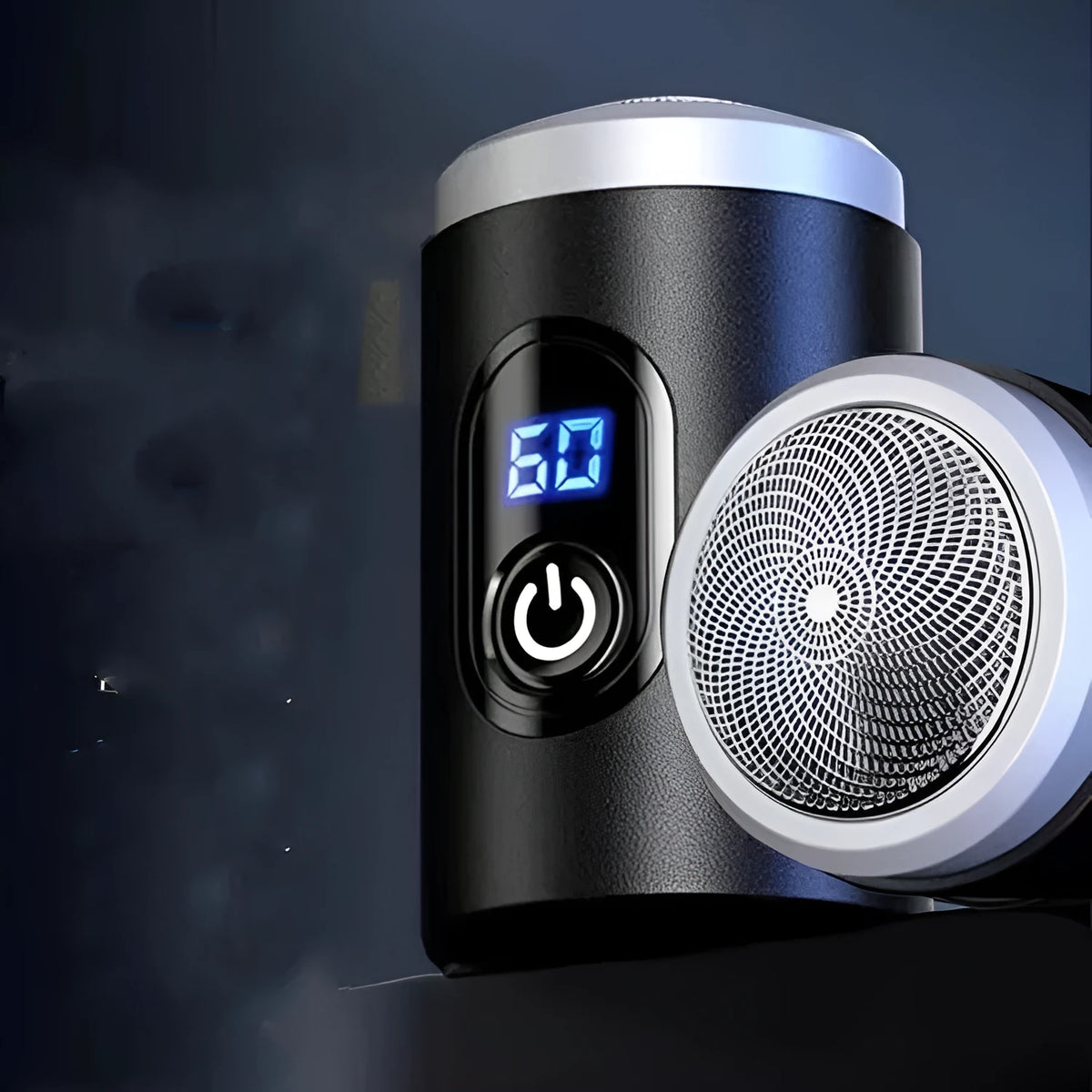 Black portable USB rechargeable electric shaver with LED display, shown with its cleaning brush and protective cover.