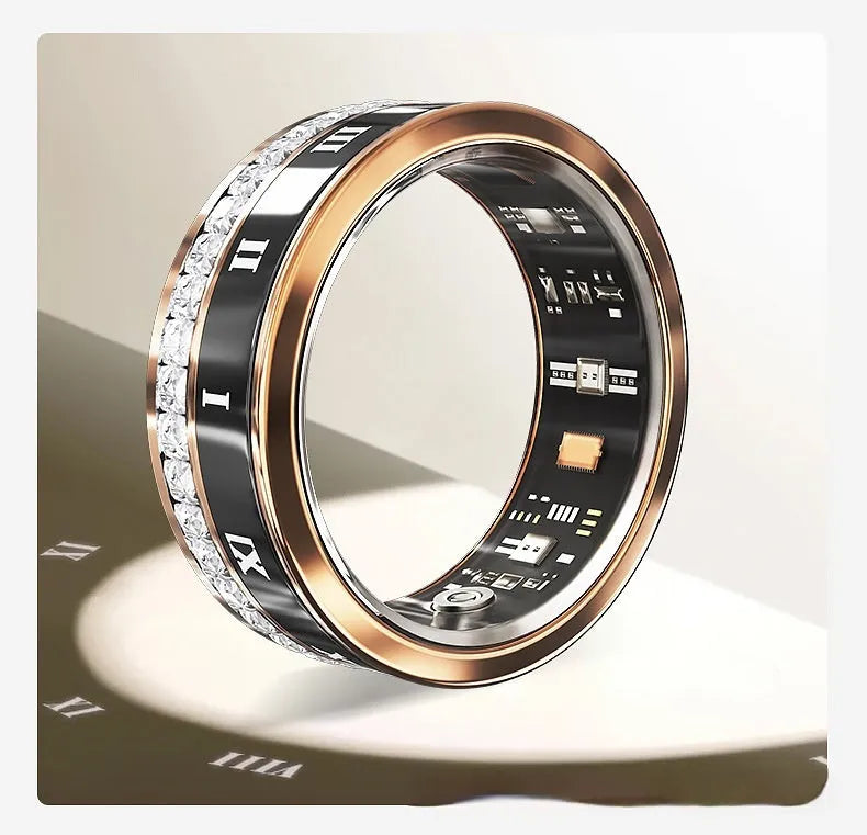 Polished silver smart ring with diamond inlay design on a finger, showing health tracking technology.