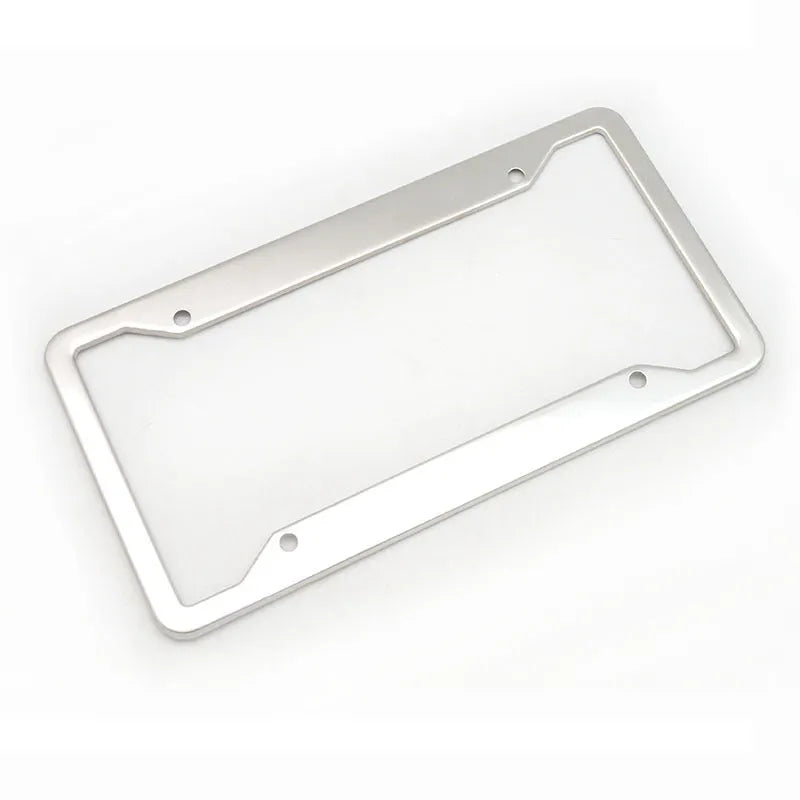 Aluminum alloy license plate frame in four colour options showing dimensions