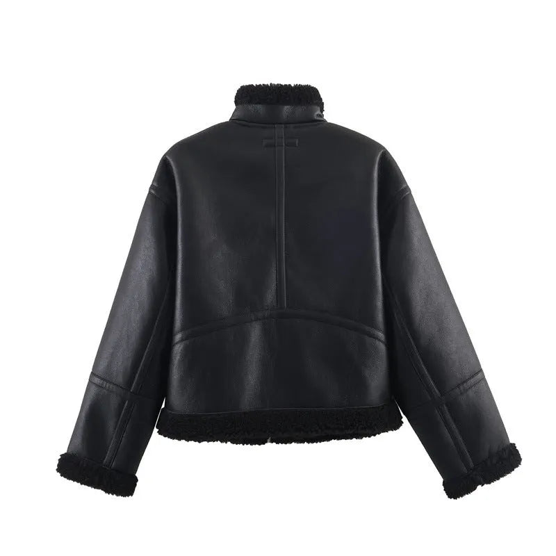 Women's black double-sided fleece jacket, medium thickness, PU fabric, sizes XS to L