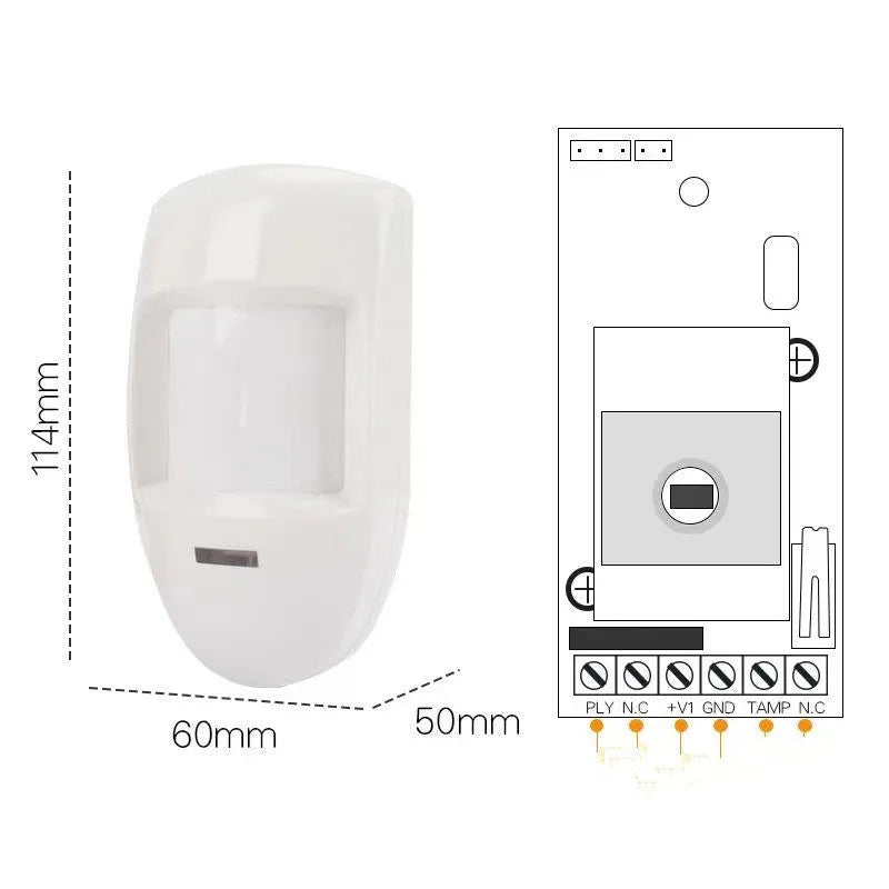 White wired PIR motion sensor, wall-mounted passive infrared detector with 120-degree angle and 6-10m range