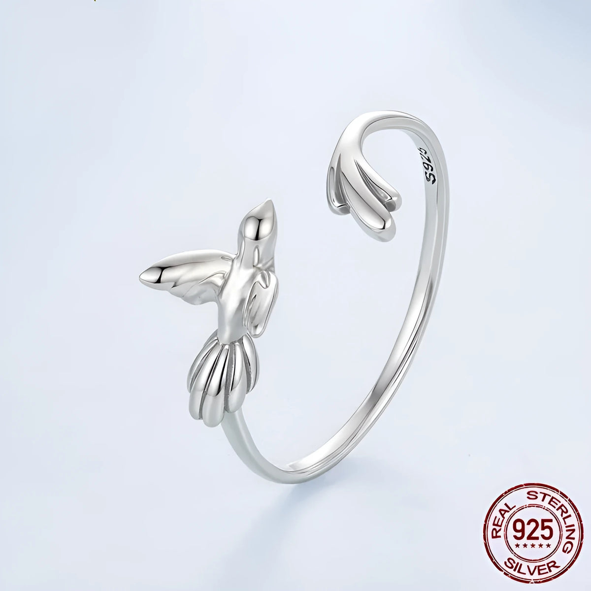 S925 sterling silver adjustable open ring with bird design and polished finish, women's style, colour BSR714-E