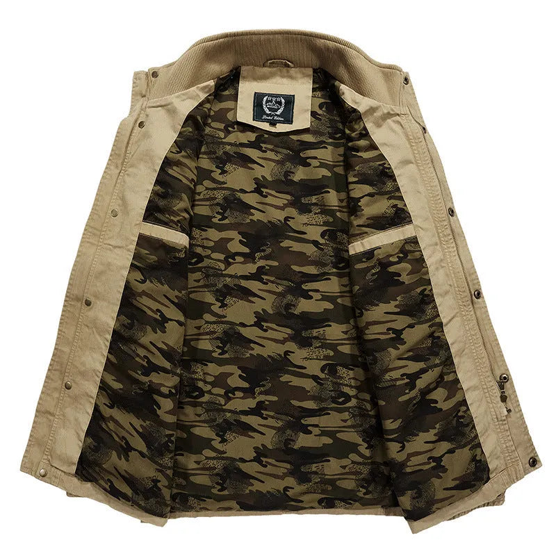 Men's mid-length loose cotton washed jacket in khaki with long sleeves and top stitching pockets