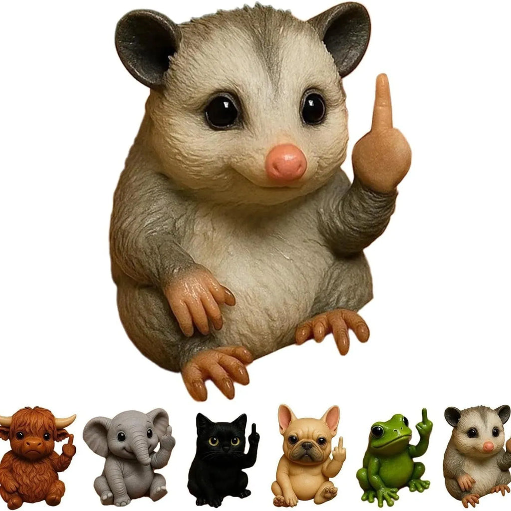 Mini resin animal doll with middle finger gesture, styles include cat, dog, elephant, frog, highland cattle, mouse, turtle.