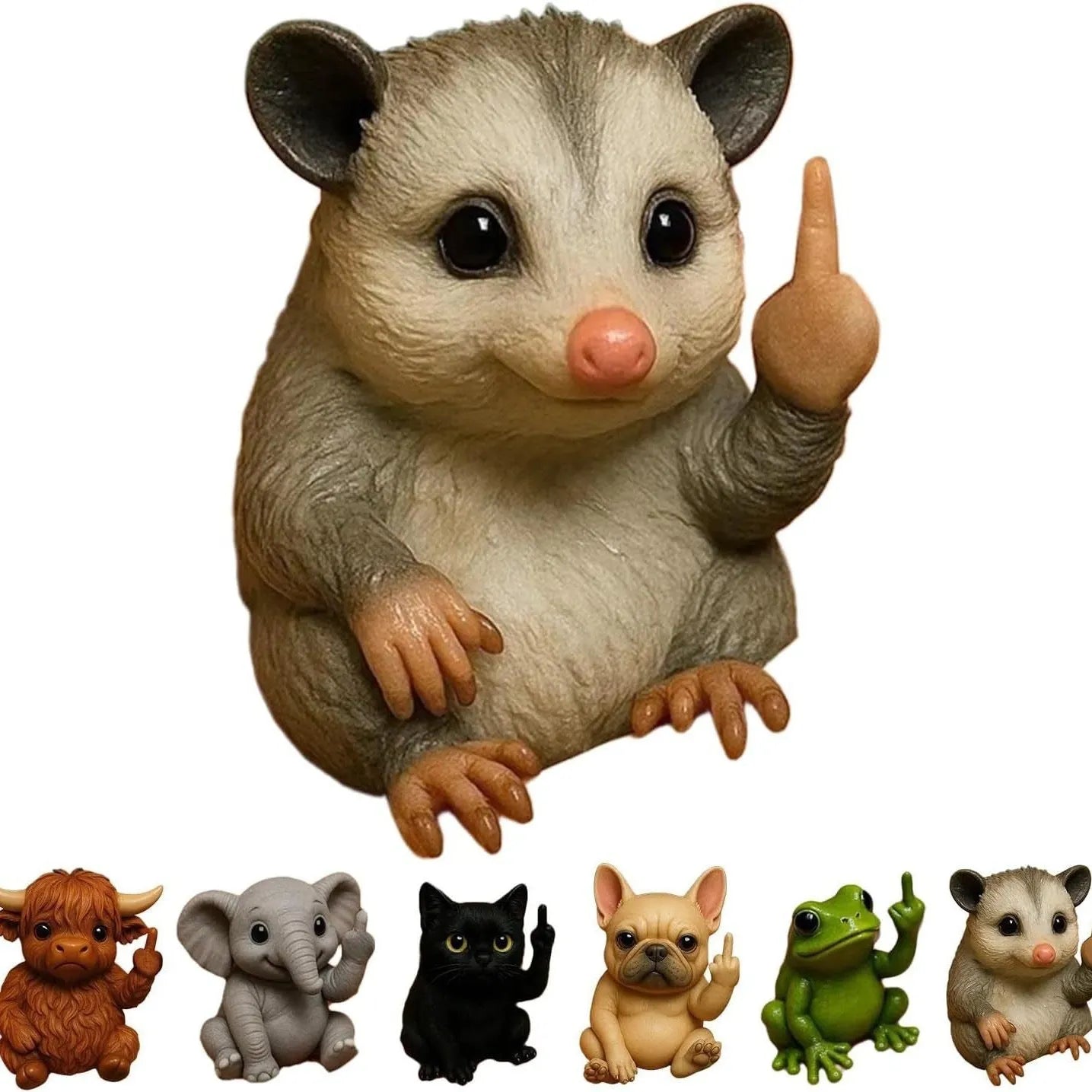 Mini resin animal doll with middle finger gesture, styles include cat, dog, elephant, frog, highland cattle, mouse, turtle.