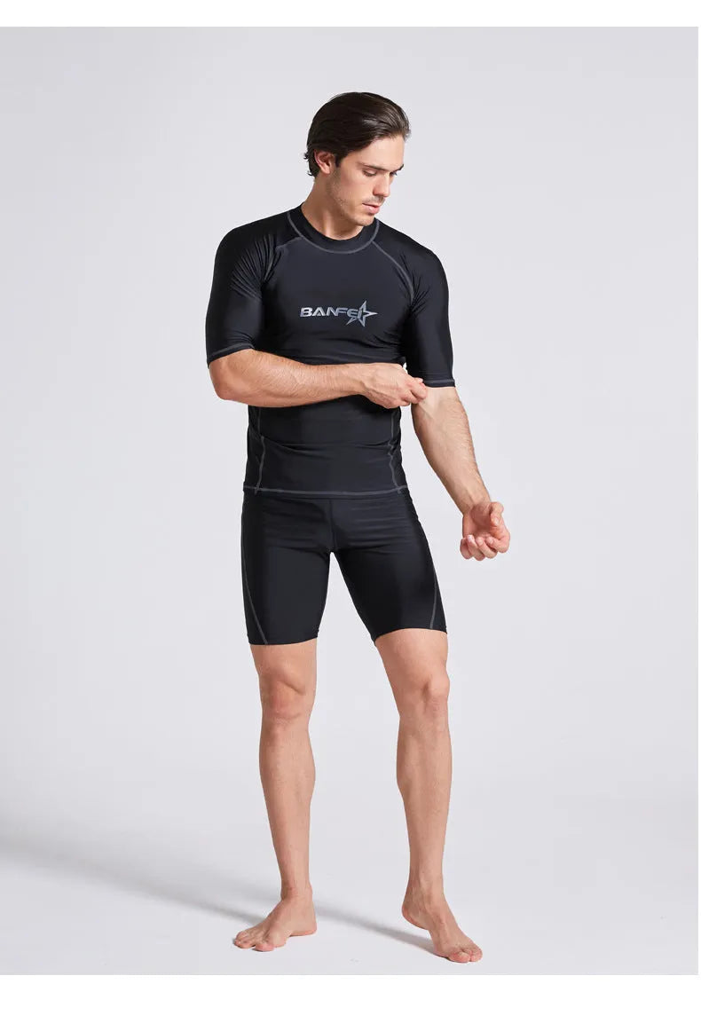 Men's quick-drying half sleeve swimsuit set in nylon fabric with matching swim pants