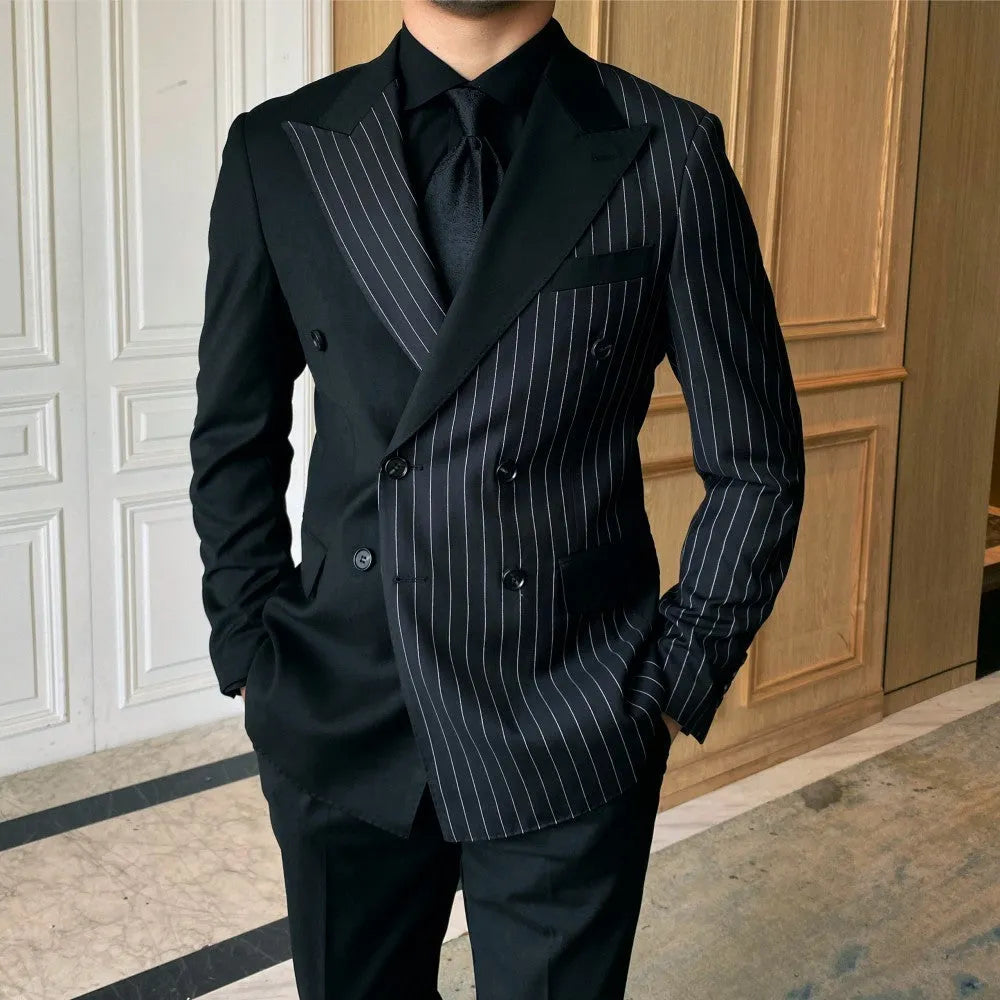 Black striped double breasted men's blazer with regular collar, double slits, sizes M to 3XL
