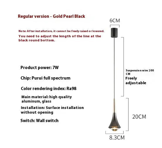 LED bedside chandelier pendant light in French gold shiny black with warm 3000K output for bedroom or dining room