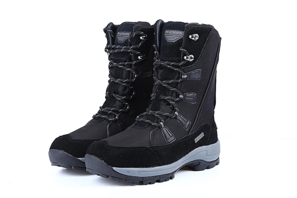 Women's black mid-calf leather snow boot with a textured non-slip rubber sole.