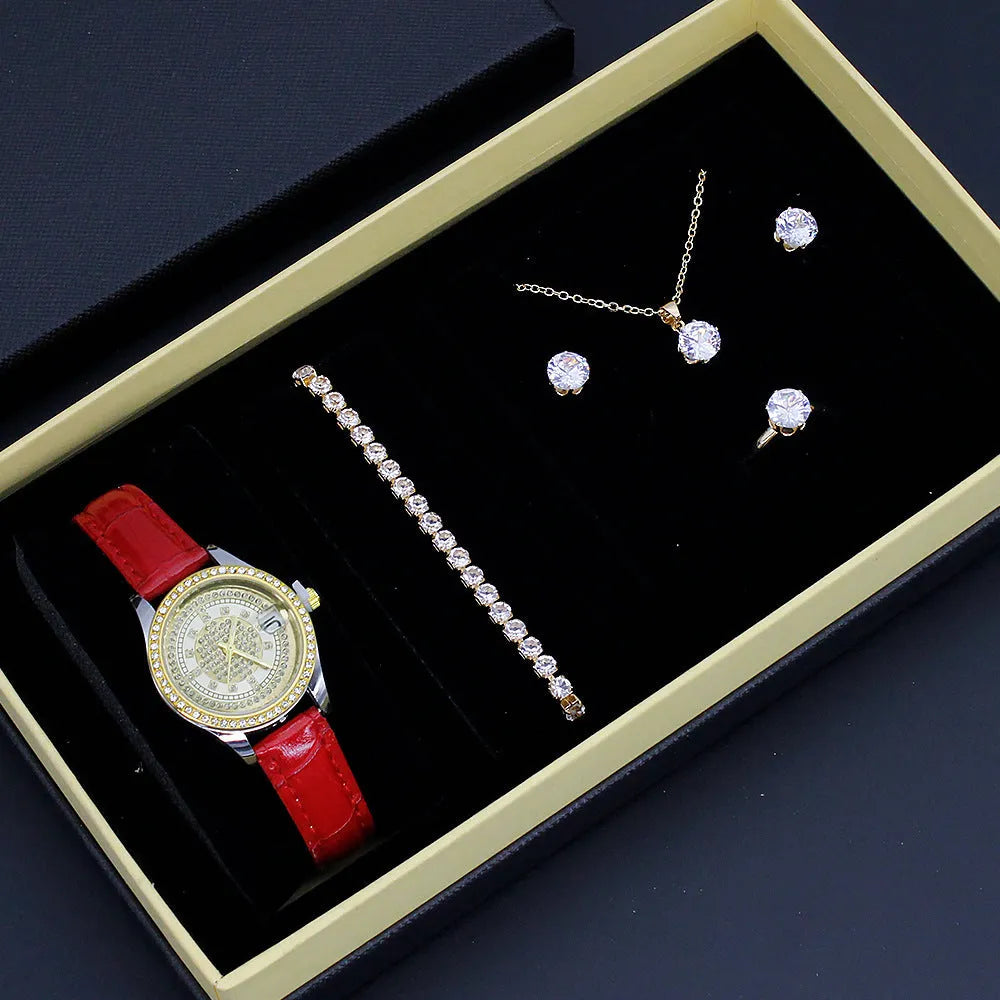 Ladies watch jewellery set gift box with white face white strap watch, bracelet, necklace, stud earrings, and ring