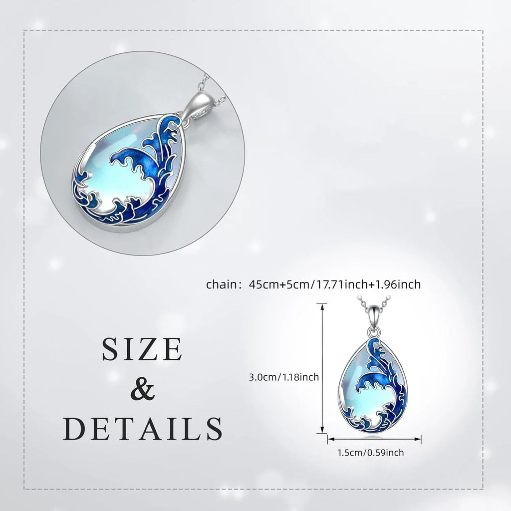 Moonstone blue heart-shaped pendant necklace on display