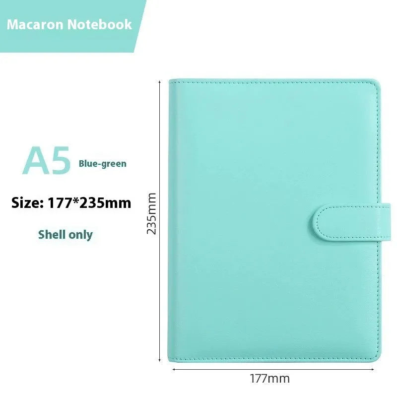A5 PU leather notebook binder shell with zipper closed, shown in a selection of solid colours.