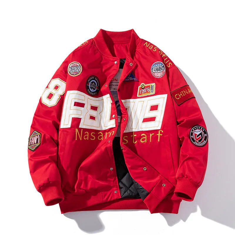 Loose-fit black motorcycle couple baseball jacket with side pockets and a removable hood.
