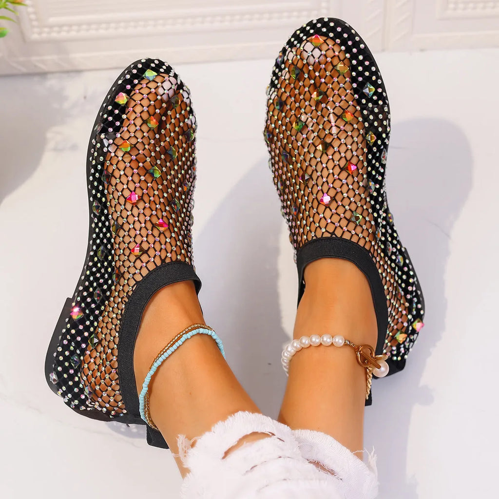 Women's flat sandals with mesh upper and colourful rhinestone design, round toe shape with rubber sole