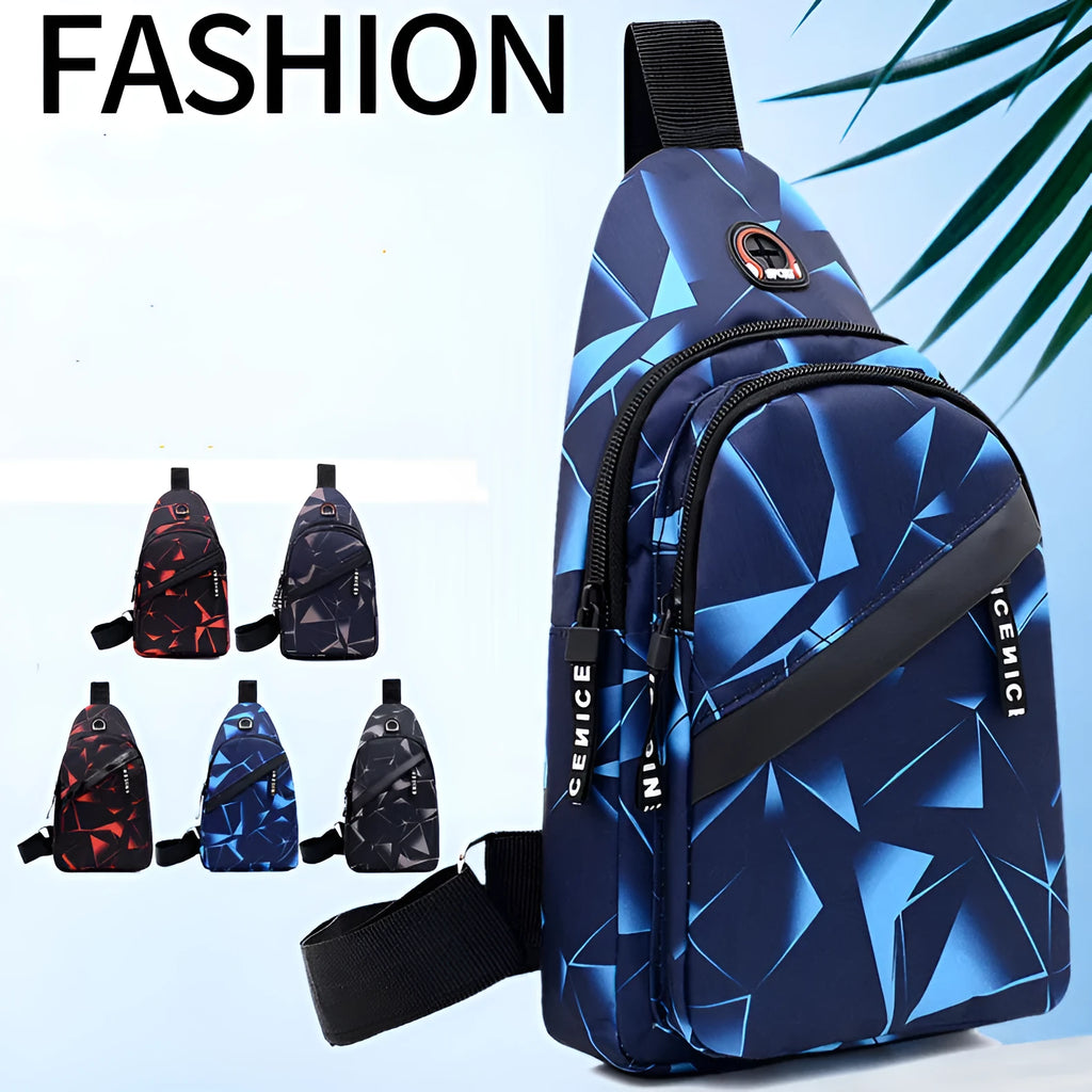 Men's medium blue Oxford cloth crossbody bag showing earphone hole and zipper opening.