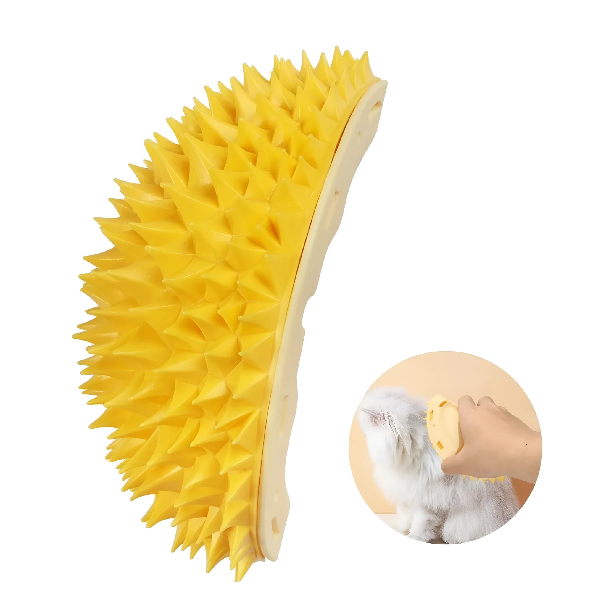 Yellow durian-shaped cat corner scratcher and massage comb toy with adhesive backing